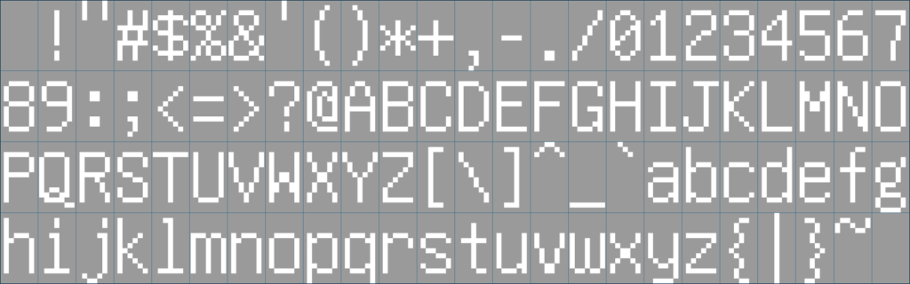 Screenshot from Inkscape showing the bitmap font texture which includes all the ASCII printable characters broken into different equally-sized tiles.